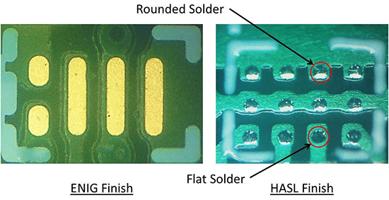 ENIG finish versus HASL finish showing uneven solder heights